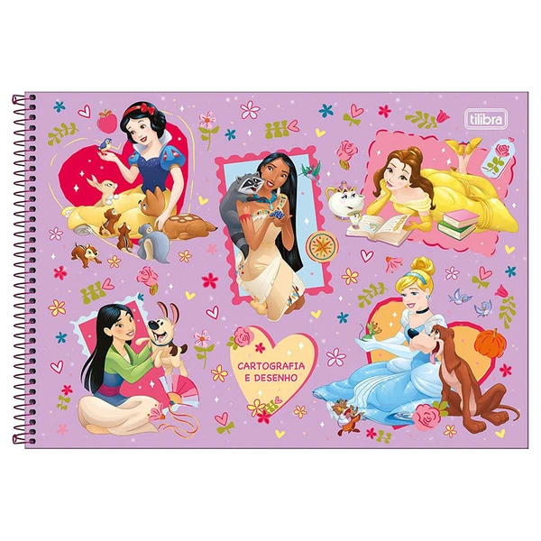 Caderno espiral de cartografia e desenho Princesas Disney 80 folhas - capas sortidas