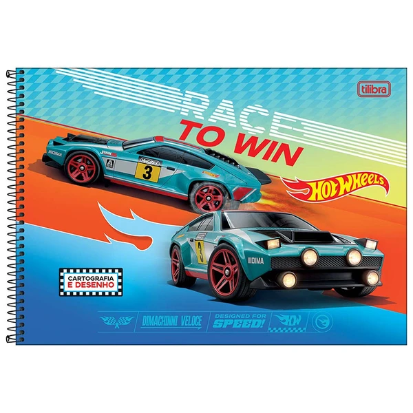 Caderno espiral universitário de cartografia e desenho Hot Wheels Mattel Tilibra 80 folhas 27,5x20