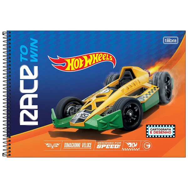 Caderno espiral universitário de cartografia e desenho Hot Wheels Mattel Tilibra 80 folhas 27,5x20