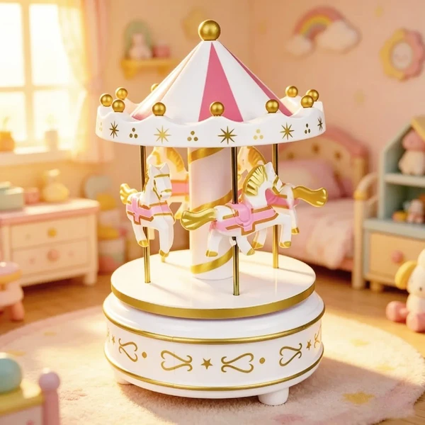 Caixa de música infantil Carrossel - branco com rosa