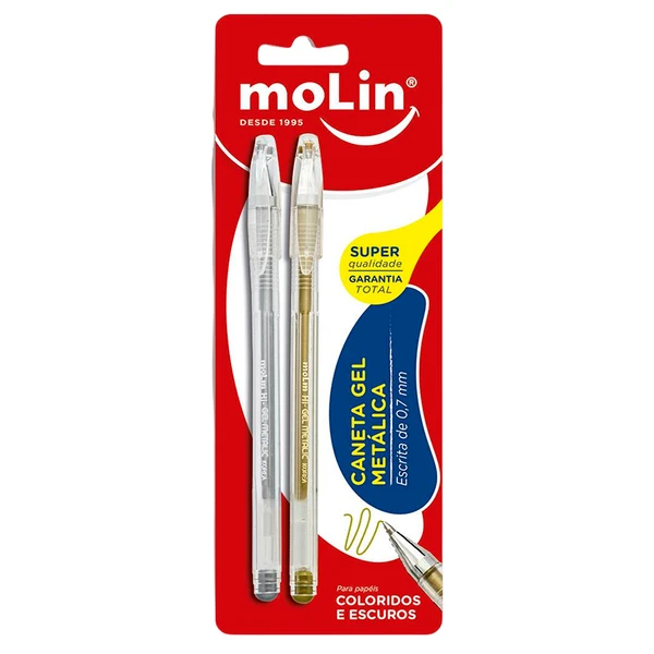 Caneta gel metálica prata e dourada Molin 0,7 mm 2 unidades
