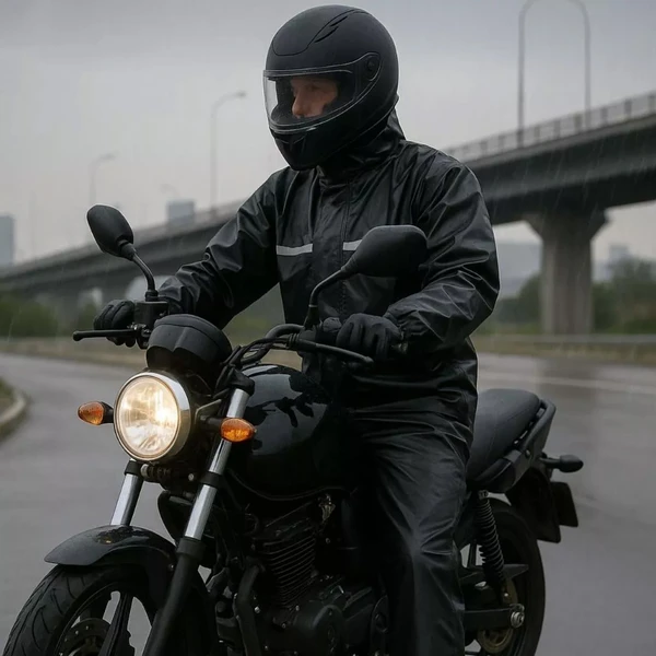 Capa de chuva para motociclista com capuz e faixa refletiva