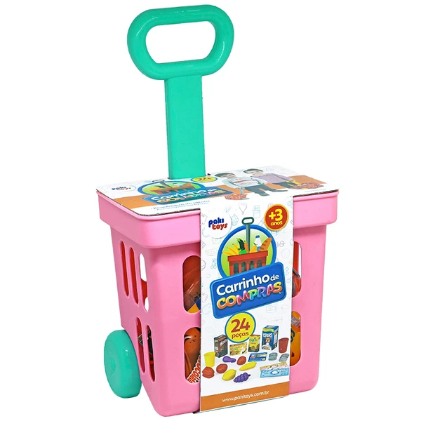 Carrinho de compras infantil com comidinhas de brinquedo