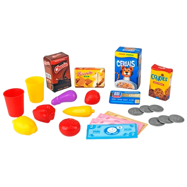 Carrinho de compras infantil com comidinhas de brinquedo