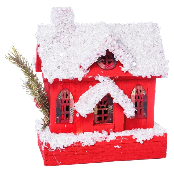 Casa natalina vermelha nevada com luz nas janelas 15x8x14