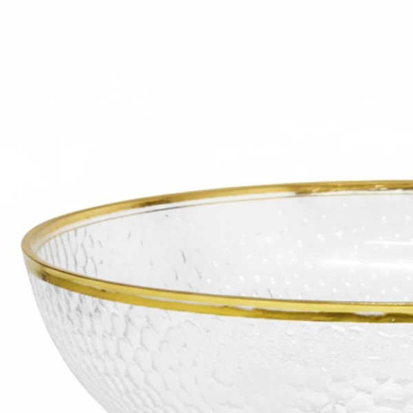 Centro de mesa e fruteira cristalina texturizada com pé e fio de ouro nas bordas 26x26x13,5