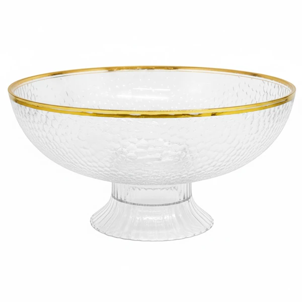 Centro de mesa e fruteira cristalina texturizada com pé e fio de ouro nas bordas 26x26x13,5