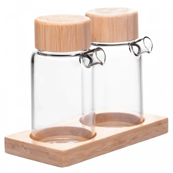 Conjunto 2 galheteiros de vidro borossilicato com tampa e suporte de bambu Wolff 170 ml