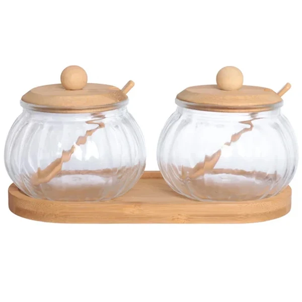 Conjunto 2 porta condimentos com tampa, colher dosadora e bandeja de bambu Doraine 230 ml