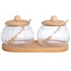 Conjunto 2 porta condimentos com tampa, colher dosadora e bandeja de bambu Doraine 230 ml