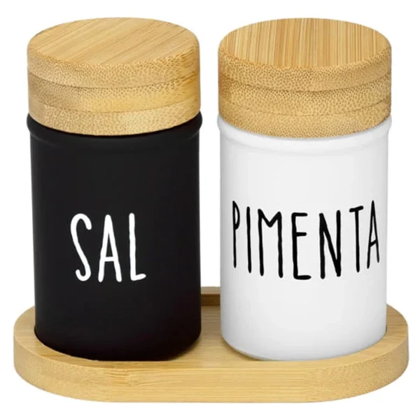 Conjunto 2 porta condimentos com tampa e bandeja de bambu para sal e pimenta Doha 90 ml