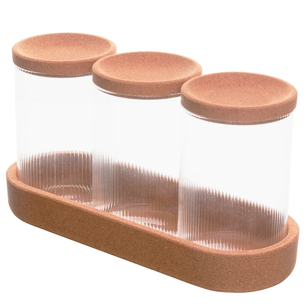 Conjunto 3 porta condimentos com tampa e bandeja de rolha Essência Lyor 500 ml