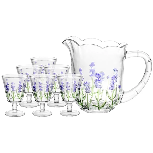 Conjunto de jarra 1,3 litros com 6 taças de cristal 240 ml para servir Lavanda Hand Painting Lyor