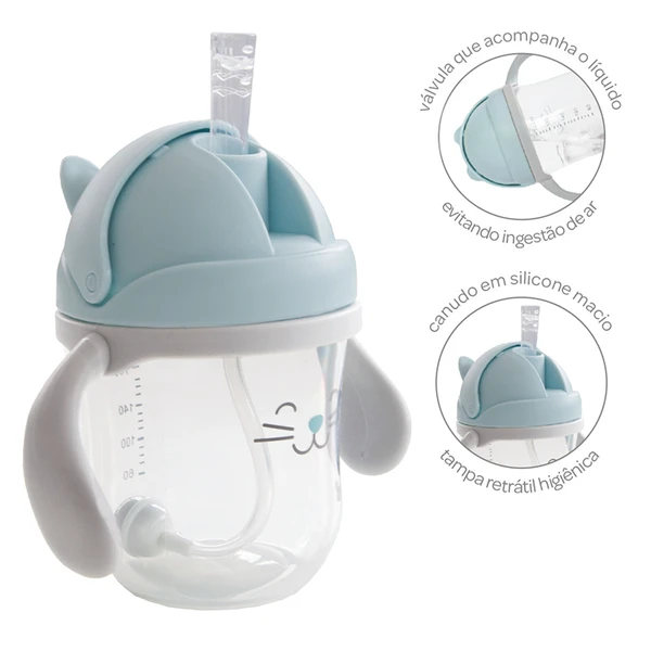 Copo infantil com alça removível e dispositivo anti-ingestão de ar Gatinho azul Buba 220 ml