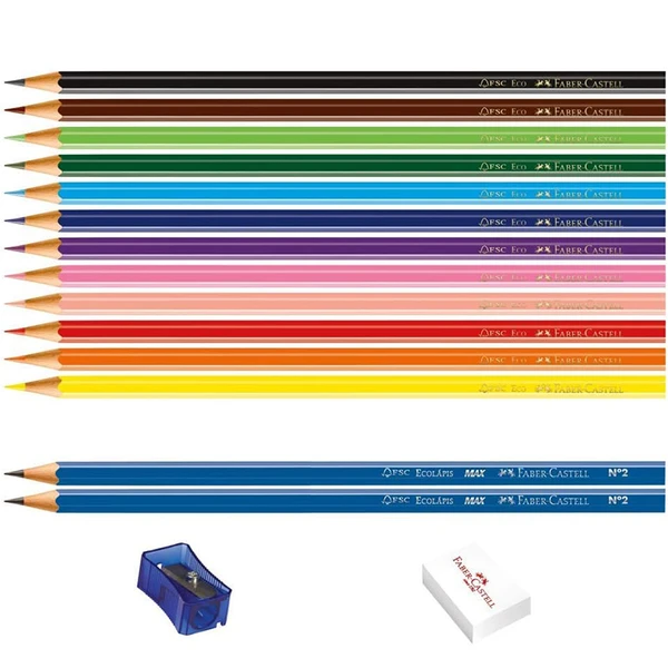 Ecolápis de cor 12 cores clássicas + 2 lápis grafite, apontador e borracha Faber-Castell