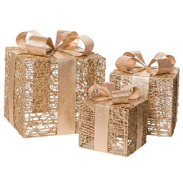 Enfeite natalino Trio Caixa de Presente champanhe com glitter
