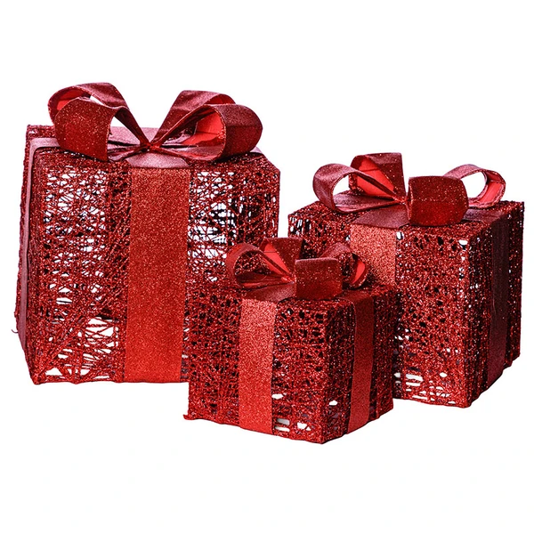 Enfeite natalino Trio Caixa de Presente vermelho com glitter