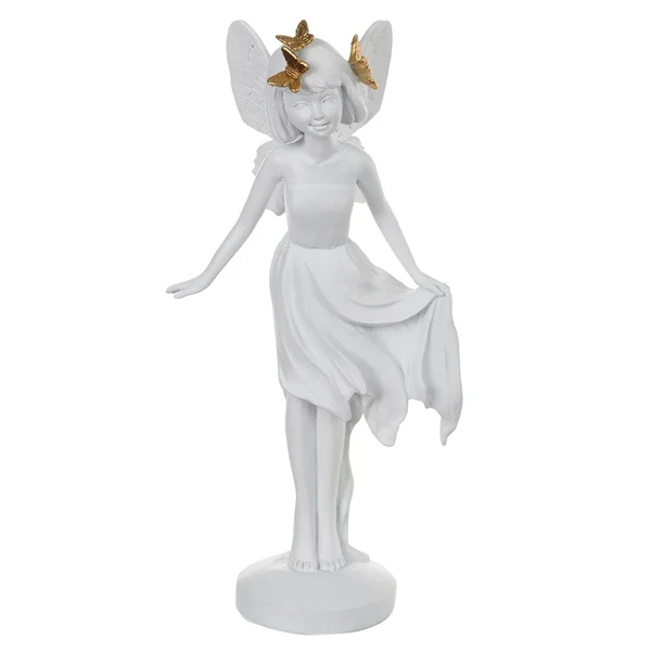 Escultura em poliresina Fada branca com borboletas douradas 25x12,5x8,5