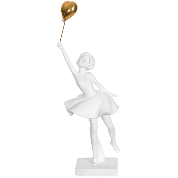 Escultura em poliresina branca Menina com Balão dourado 27,5x9,5x6,5