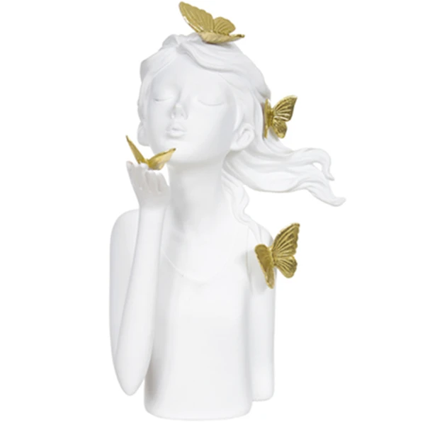 Escultura em poliresina branca Menina com borboletas douradas 31x17,5x15,5