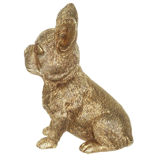 Escultura em poliresina dourada Cachorro Buldogue Francês sentado 15,8x12,8x8,1