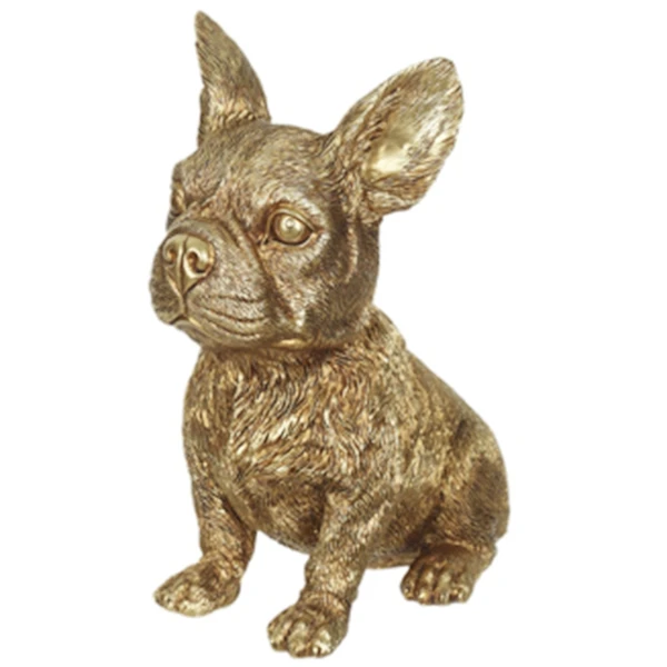 Escultura em poliresina dourada Cachorro Buldogue Francês sentado 15,8x12,8x8,1