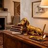 Escultura em poliresina dourada Cachorro Dachshund Salsicha deitado 11,2x15,3x8,4