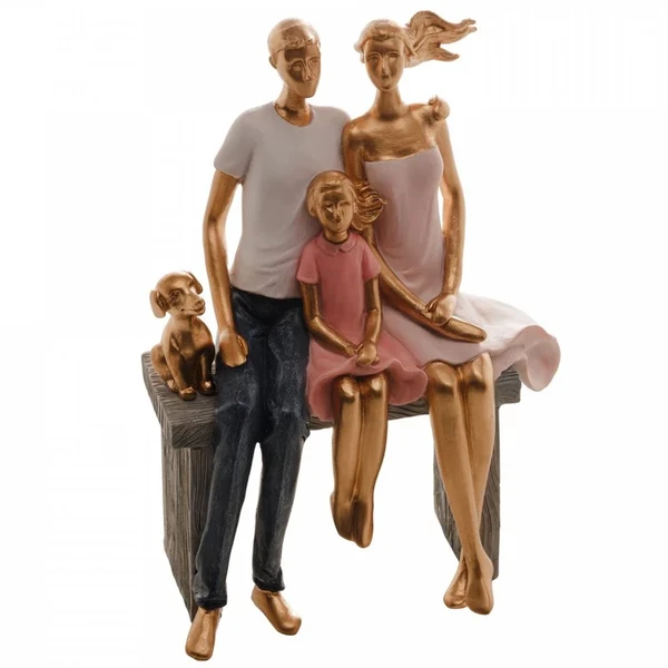Escultura em resina Família sentada em banco com filha e cachorro Wolff 17x9x23