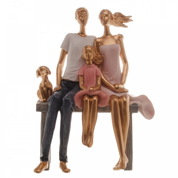 Escultura em resina Família sentada em banco com filha e cachorro Wolff 17x9x23