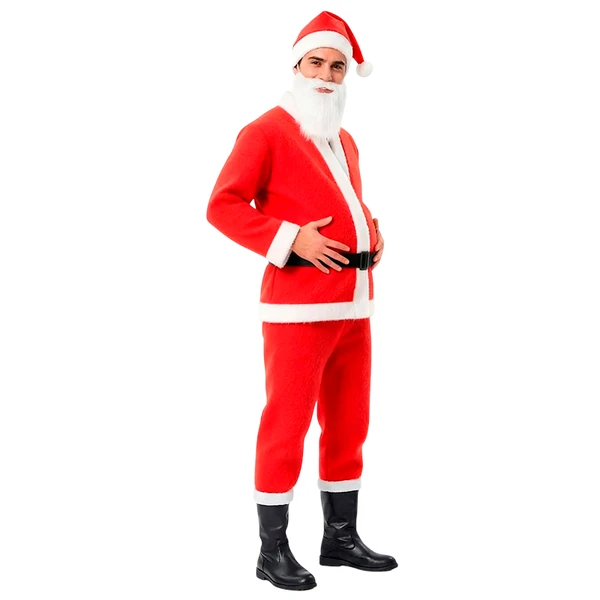 Fantasua de Papai Noel com gorro, barba, casaco, cinto e calça 5 peças