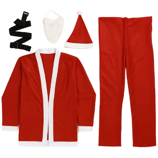 Fantasua de Papai Noel com gorro, barba, casaco, cinto e calça 5 peças