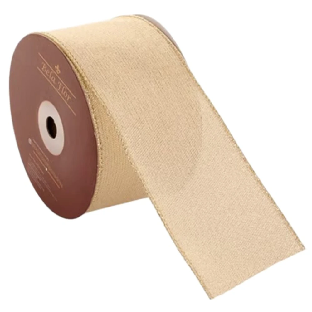 Fita decorativa aramada champanhe com leve brilho elegante 6,3 cm x 9,14 metros