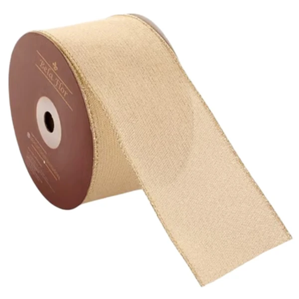 Fita decorativa aramada champanhe com leve brilho elegante 6,3 cm x 9,14 metros