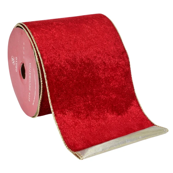 Fita decorativa aramada de veludo vermelho com dourado 10 cm x 9,14 metros