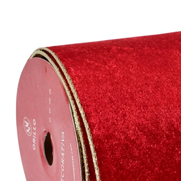 Fita decorativa aramada de veludo vermelho com dourado 10 cm x 9,14 metros