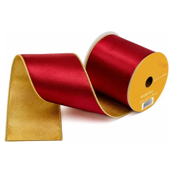Fita decorativa aramada de veludo vermelho com dourado 10 cm x 9 metros