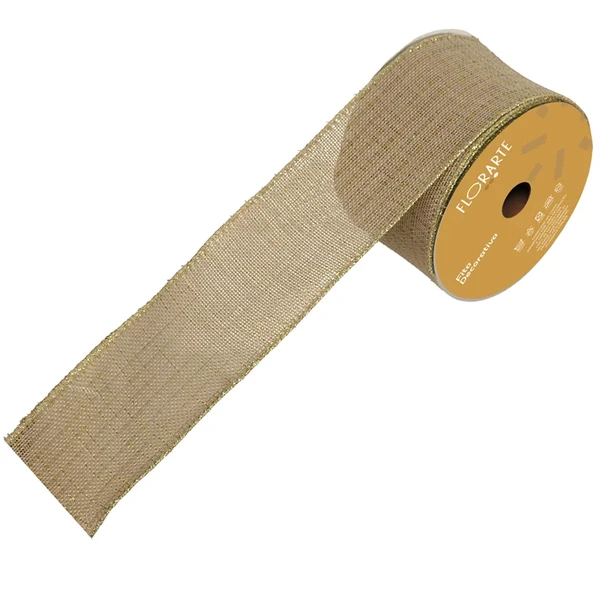 Fita decorativa aramada em juta vermelha com detalhes dourados 6,3 cm x 9,14 metros