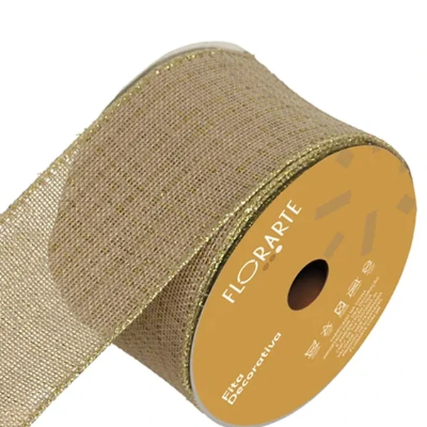 Fita decorativa aramada em juta vermelha com detalhes dourados 6,3 cm x 9,14 metros