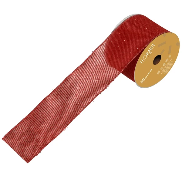 Fita decorativa aramada em juta vermelha com glitter 6,3 cm x 9,14 metros