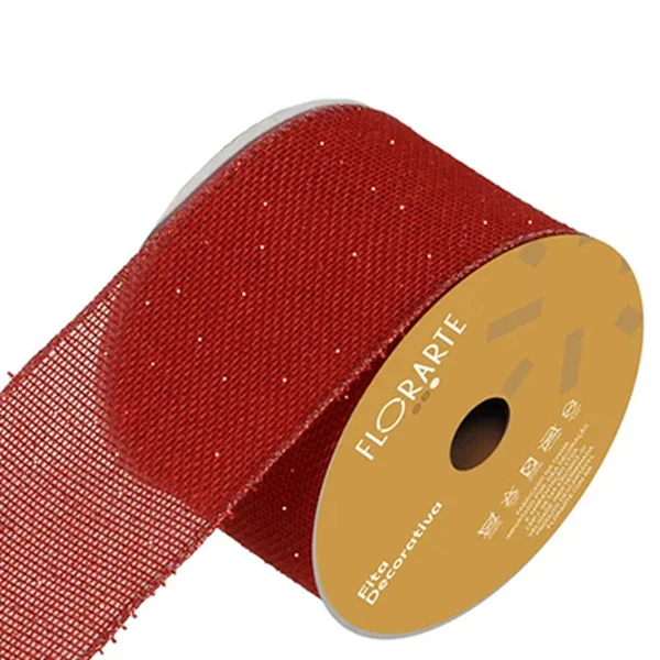 Fita decorativa aramada em juta vermelha com glitter 6,3 cm x 9,14 metros