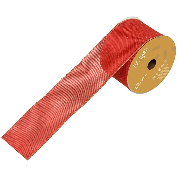 Fita decorativa aramada em juta vermelha com glitter dourado 6,3 cm x 9,14 metros