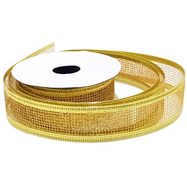 Fita decorativa aramada textura tela dourada 2,5 cm x 2,7 metros