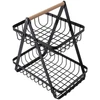 Fruteira de metal com dois cestos aramados e alça de bambu 30x33
