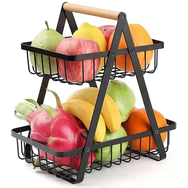 Fruteira de metal com dois cestos aramados e alça de bambu 30x33
