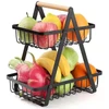 Fruteira de metal com dois cestos aramados e alça de bambu 30x33