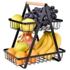 Fruteira de metal com dois cestos aramados e alça de bambu 30x33