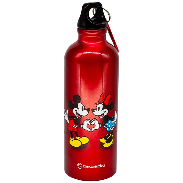 Garrafa squeeze de alumínio com mosquetão Mickey e Minnie Mouse Disney Zona Criativa 500 ml