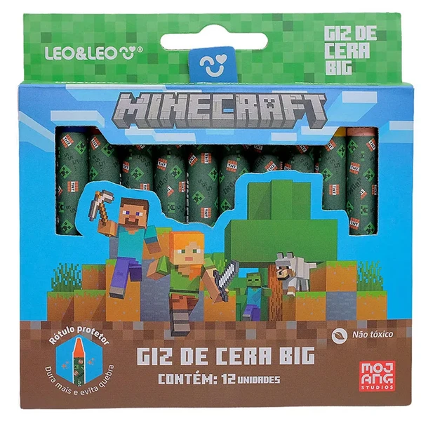 Giz de cera Big com proteção de papel para evitar quebra Minecraft Leo&amp;Leo 12 cores