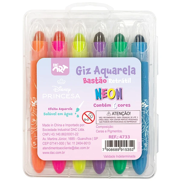 Giz de cera retrátil aquarelável neon Princesas Disney DAC 6 cores