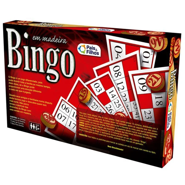 Jogo Bingo com peças de madeira, saco para sorteio e 48 cartelas